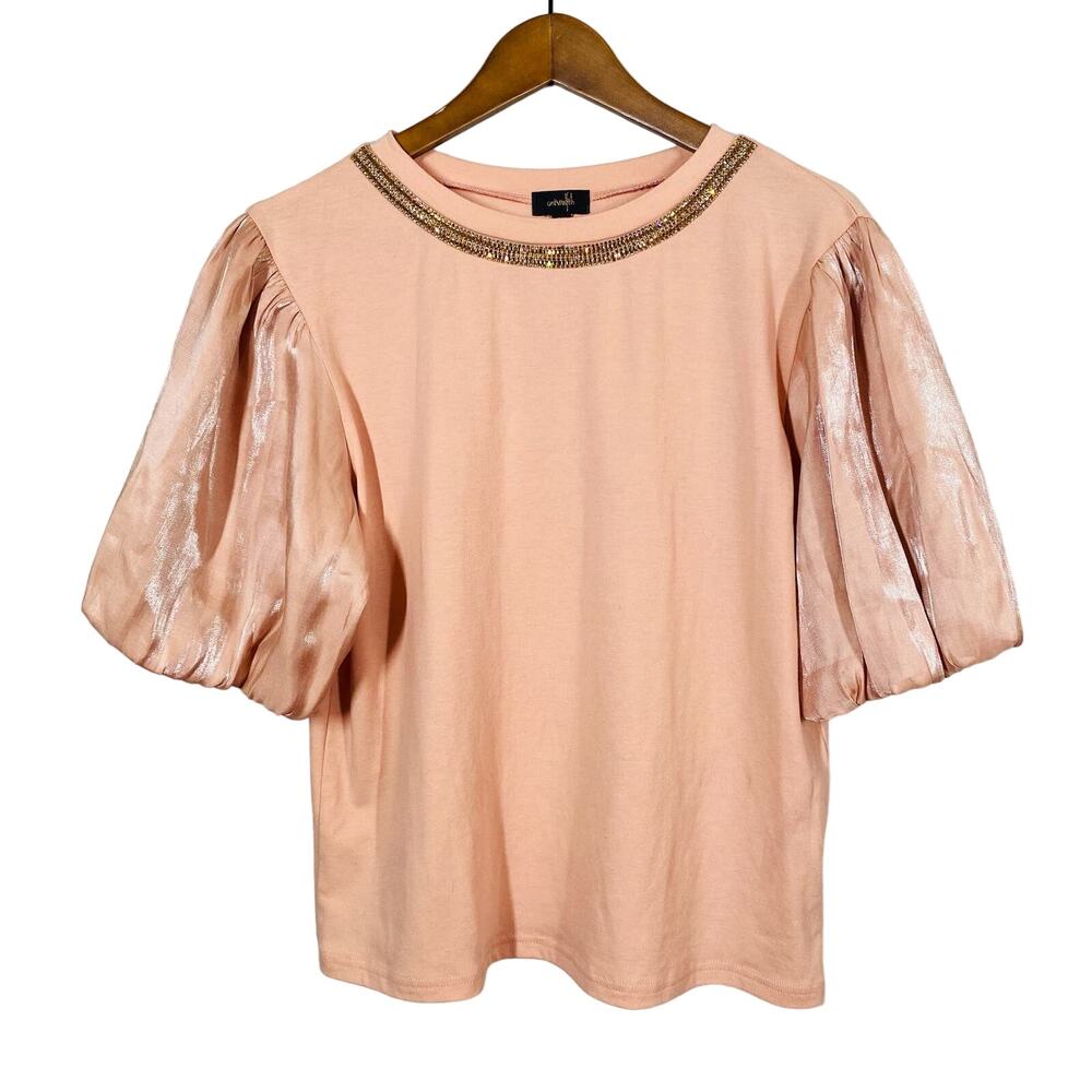 On Twelfth Bejewelled Blouson Tee Poof Sleeve Jersey Top Rhinestone Collar - L